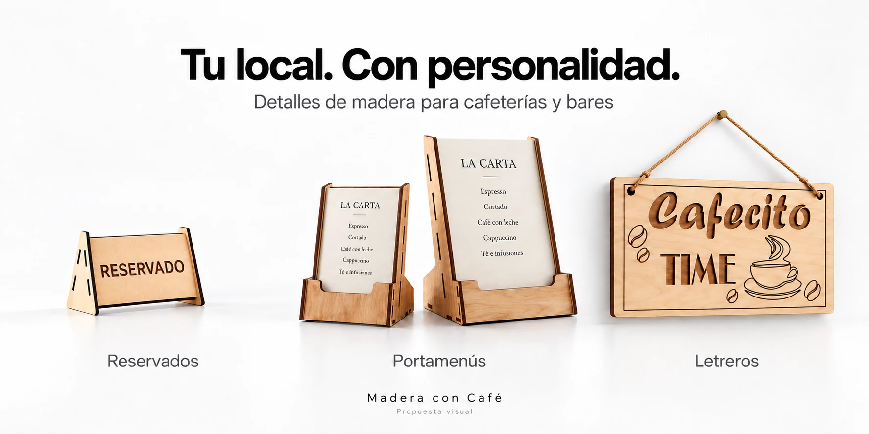 Reservado pequeño, portamenús y letrero Cafecito: propuesta visual para cafeterías