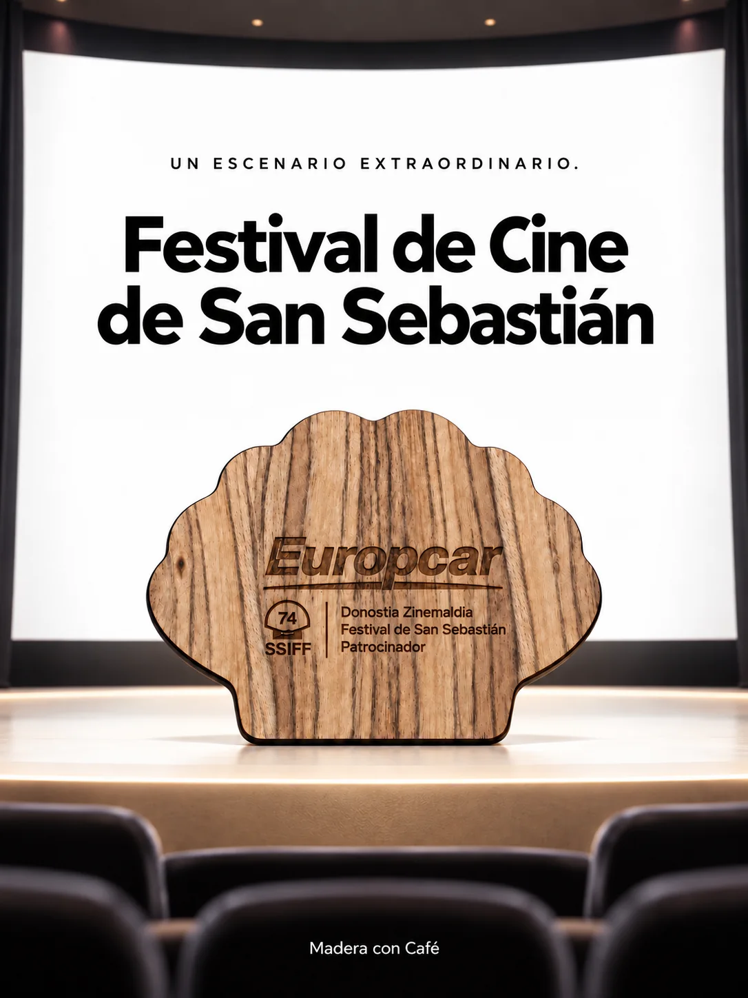 Plato de madera con la silueta de la Concha y el logotipo de Europcar y del 74 Festival de San Sebastián grabados a láser, sobre un escenario de cine — Madera con Café
